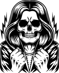 Obraz premium SVG Skeleton Warrior Characters in tattoo style. Skull with Long Hair and Lightning Bolts in Black and White Art