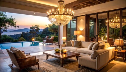 Fototapeta premium Luxury Living Room Overlooking Sunset Ocean View with Swimming Pool