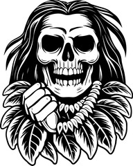 Obraz premium SVG Skeleton Warrior Characters in tattoo style. Skull with Long Hair and Leaves in Black and White Design