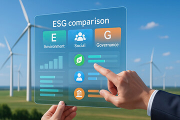 ESG comparison concept with environment social governance metrics displayed on transparent screen held by businessman in wind farm background promoting sustainable investing and esg values