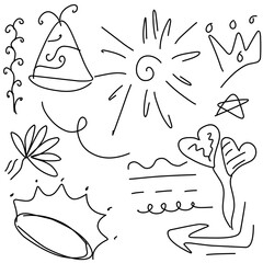 Fun Doodle Set Party Hat, Sun, Crown, Hearts, and Arrows in white