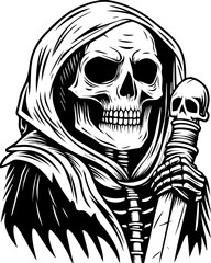 Fototapeta premium SVG Skeleton Warrior Characters in tattoo style. Grim Reaper Illustration with Skull Staff and Dark Hooded Cloak