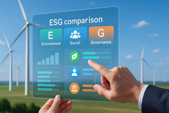 ESG comparison concept with environment social governance metrics displayed on transparent screen held by businessman in wind farm background promoting sustainable investing and esg values