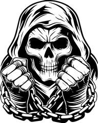 SVG Skeleton Warrior Characters in tattoo style. Chained Skull in Hood with Menacing Expression and Powerful Stance