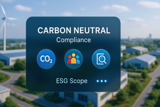 Carbon neutral compliance concept with ESG scope icons and CO2 symbol over blurred industrial area background promoting sustainable investing and environmental responsibility