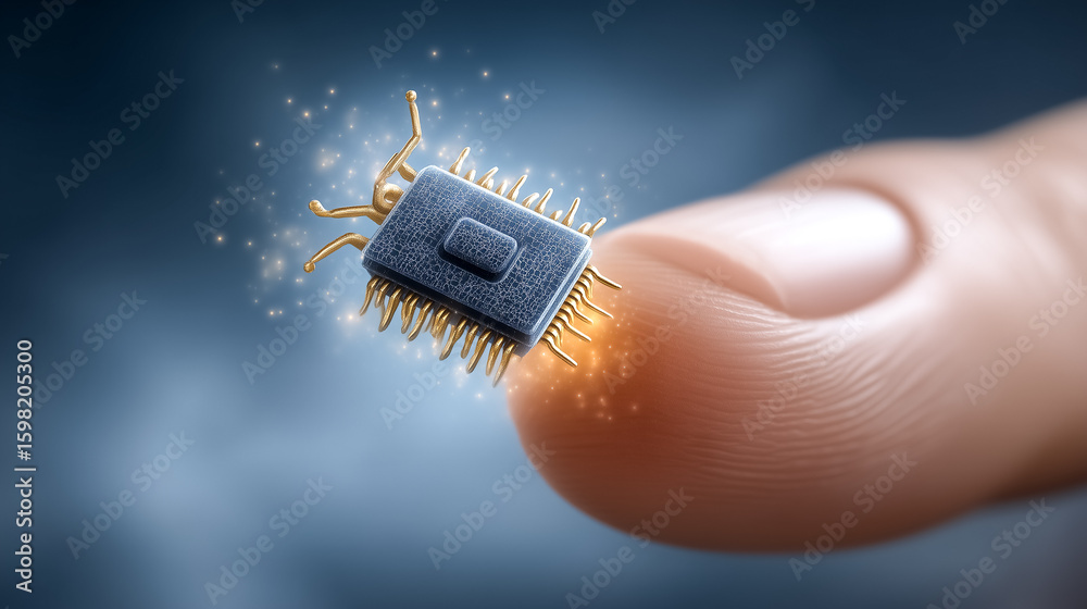 Poster microchip rests on fingertip demonstrating intricate design and advanced technology. soft focus back