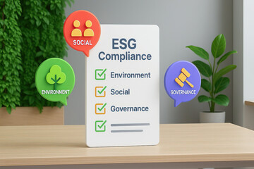 ESG compliance checklist on white board with environment social and governance icons representing sustainable investing and esg principles for responsible business practices