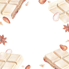 Watercolor square frame decorated with white chocolate, almonds, and star anise. Watercolor food elements arranged around the edges, creating an elegant border with central blank space