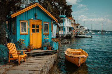 Obraz premium Cabane de pêcheur avec barques colorées, filets et décor maritime authentique en bord de mer, ambiance pittoresque et estivale