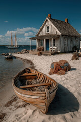 Cabane de pêcheur avec barques colorées, filets et décor maritime authentique en bord de mer, ambiance pittoresque et estivale