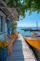 Cabane de pêcheur avec barques colorées, filets et décor maritime authentique en bord de mer, ambiance pittoresque et estivale