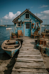 Cabane de pêcheur avec barques colorées, filets et décor maritime authentique en bord de mer, ambiance pittoresque et estivale