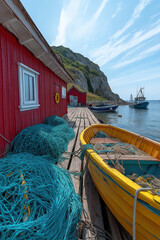 Cabane de pêcheur avec barques colorées, filets et décor maritime authentique en bord de mer, ambiance pittoresque et estivale