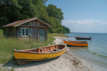 Cabane de pêcheur avec barques colorées, filets et décor maritime authentique en bord de mer, ambiance pittoresque et estivale