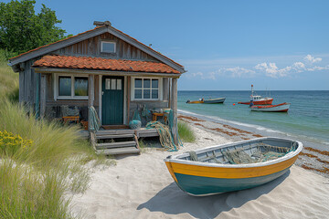 Cabane de pêcheur avec barques colorées, filets et décor maritime authentique en bord de mer, ambiance pittoresque et estivale