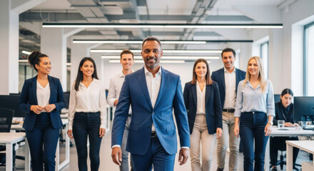 A diverse group of business professionals walking in an office setting.