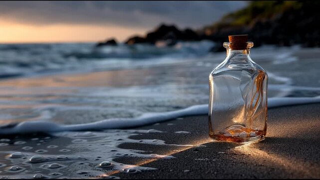 A clear glass bottle with a cork stopper sits on a sandy beach with ocean waves at dusk or dawn