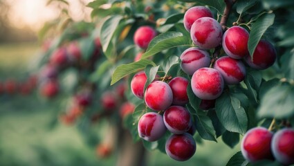 Obraz premium Clusters of ripe red plums hanging from a tree in an orchard.