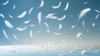 Falling white feathers against a blue sky with clouds. Light and soft feathers. Nature and flight symbolism. The concept of lightness and freedom.