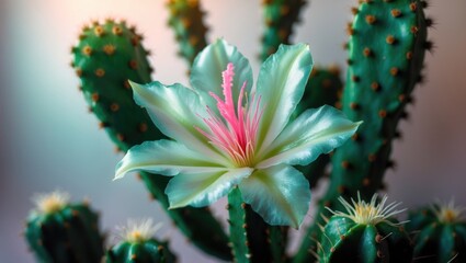 Close-up of a cactus flower with green petals and pink center, surrounded by cactus stems with spines.