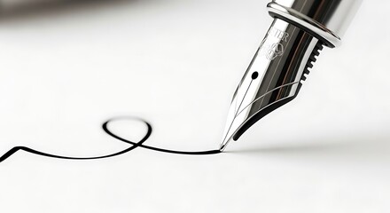 Close up of a fountain pen writing a swirling line on white paper