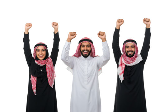 Photo: Three Arabs in Traditional Clothing Cheering with Raised Hands on Black Background