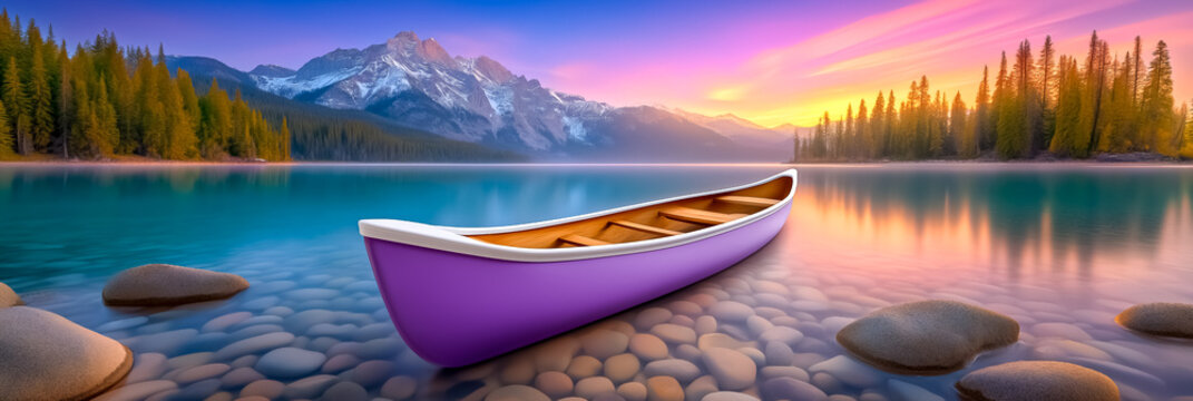 Canoe floats on tranquil lake surrounded by majestic mountains. Brilliant sunset casts warm hues across water, creating serene atmosphere. Concept of outdoor adventure, travel, nature photography