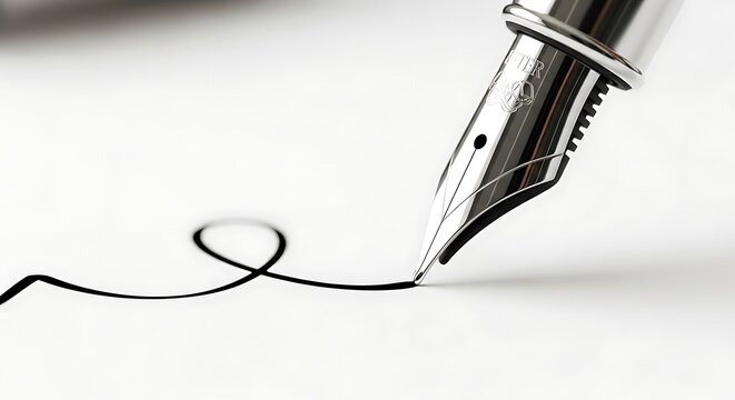 Close up of a fountain pen writing a swirling line on white paper