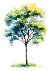 Watercolor illustration of a solitary tree with vibrant foliage, isolated on transparent background, cut out, PNG flat Digital Art, clip art.