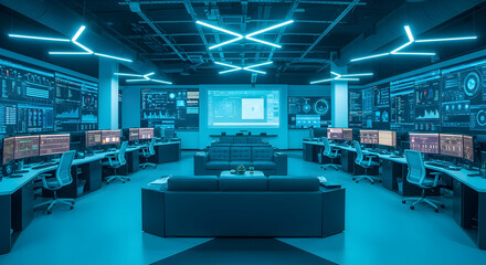 Futuristic Cyber Security Command Center With Data Displays And Monitoring Systems