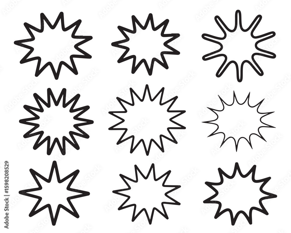 Poster nine outlined starburst shapes with varying points arranged on a white background in a grid pattern