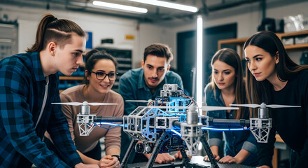 Group Of Engineers Inspecting And Working On A Sophisticated Drone Project