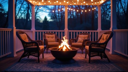 Fototapeta premium A cozy outdoor porch with string lights hanging, a fire pit in the center, and comfortable wicker chairs with cushions, set against a backdrop of leafless trees at dusk.