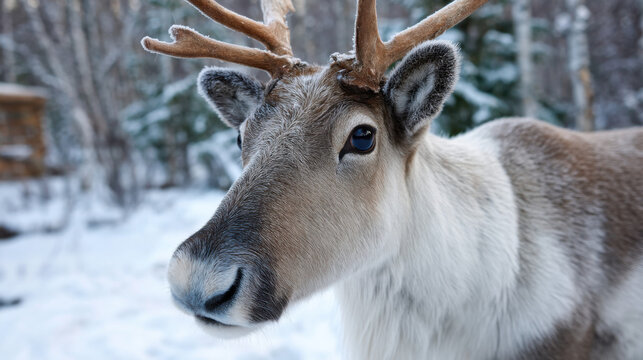 Close-up of a reindeer with frost-covered antlers grazing in a snowy forest at dusk