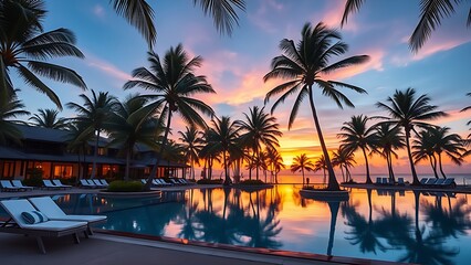 Fototapeta premium A tropical resort poolside with empty loungers and sunset reflections, creating a romantic escape.