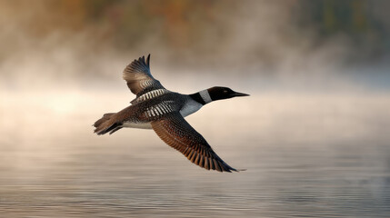 Common loon (Gavia immer) diving into a misty lake at dawn