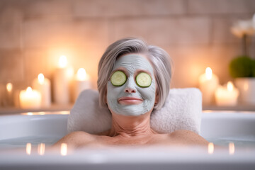 Woman smiles while relaxing in bathtub with a green facial mask. Soft candlelight creates a serene spa atmosphere in a modern bathroom. Concept of wellness, self-care, beauty