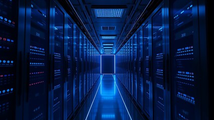 Futuristic server room corridor illuminated by blue LED lights, creating geometric light trails.