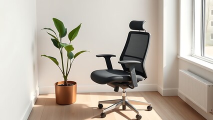 Minimalist modern workspace with ergonomic chair and natural light