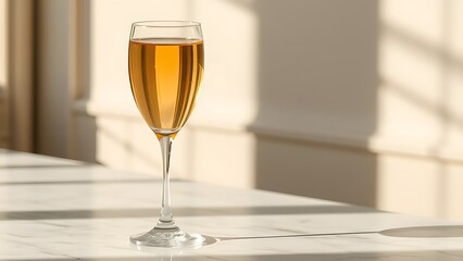 Two crystal wine glasses filled with golden liquid, elegantly placed on a marble surface.