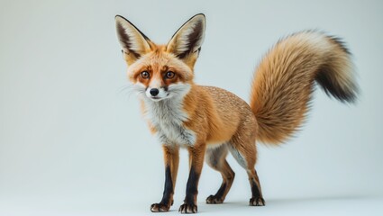 Obraz premium A fox standing on a plain background with a bushy tail and alert expression.