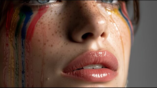 Close up of a woman's face with colorful liquid running down her cheeks and glossy lips visible