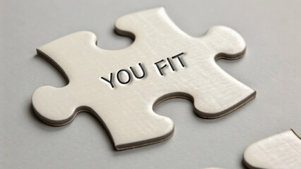 Happy Work Anniversary and thank you. A metallic puzzle piece with the phrase "YOU FIT" engraved on it, symbolizing connection and completeness.