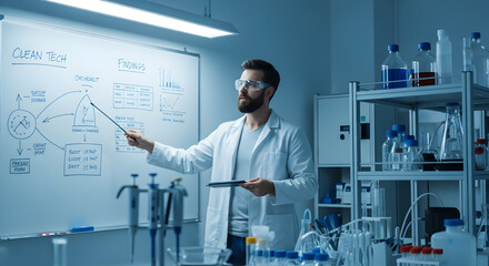 Innovative Scientist Presenting Findings On Whiteboard In Clean Tech Research Laboratory