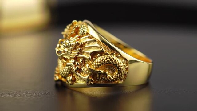 Intricate gold dragon ring, luxury mythical creature jewelry, ornate yellow gold signet ring for men, high-end fashion accessory