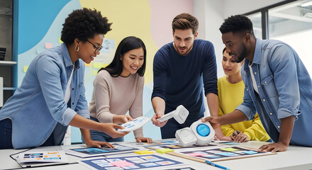 Innovative Team Collaborate on Product Design in Bright Office Setting