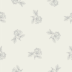 Vintage seamless pattern with hand drawn black and white rose flowers. Boho floral monochrome repeat wallpaper