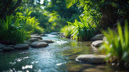 A tranquil stream surrounded by lush greenery with rocks along the water's edge. Nature, water, and plant life. The scene of serenity and natural beauty.