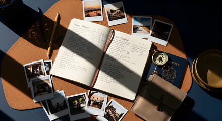 Inspired Travel Planning With Notebook, Compass, Passport And Instant Photos