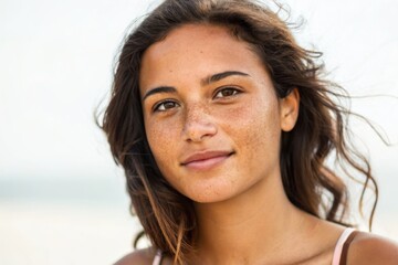 sun damage face, A young woman with freckles smiles softly at the camera, with a natural background suggesting a beach setting.